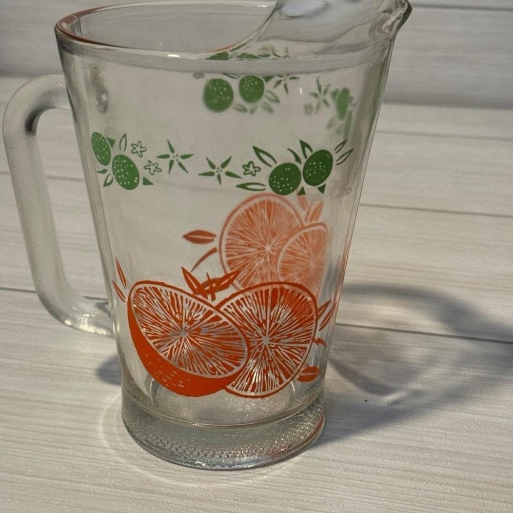 Vintage Juice Pitcher Orange Citrus Print Glass Retro Kitchen Decor Grannycore - Picture 3 of 5